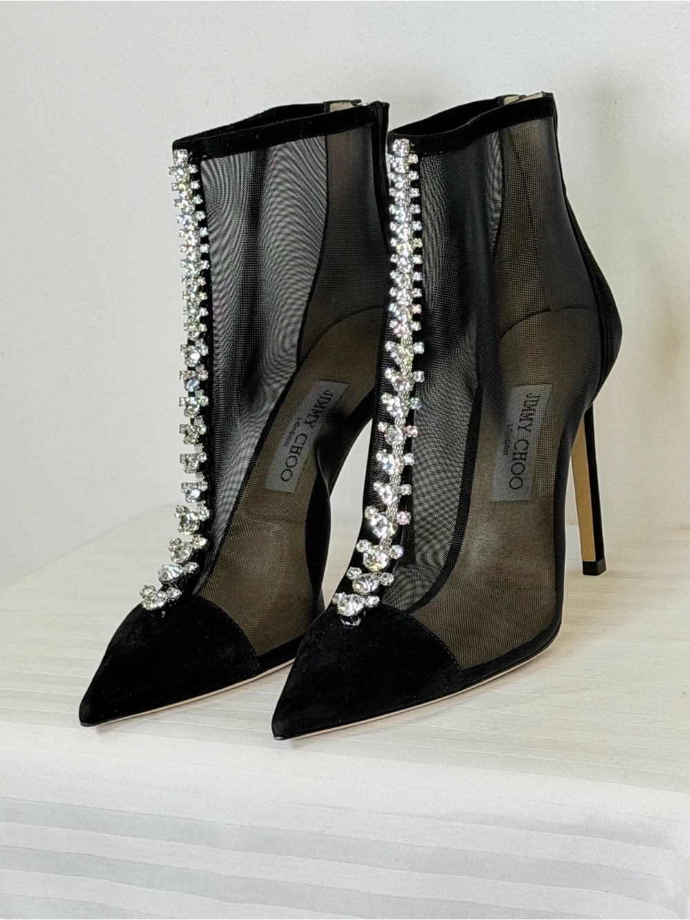 Jimmy Choo London ‘Bing’ Black Suede/Mesh/Crystal Stiletto Boots Women’s 39